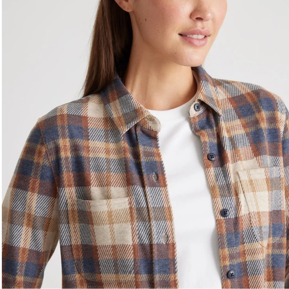 🤎 Quince Stretch Sweater Fleece Shirt | Mocha Check | Like New - Picture 5 of 11